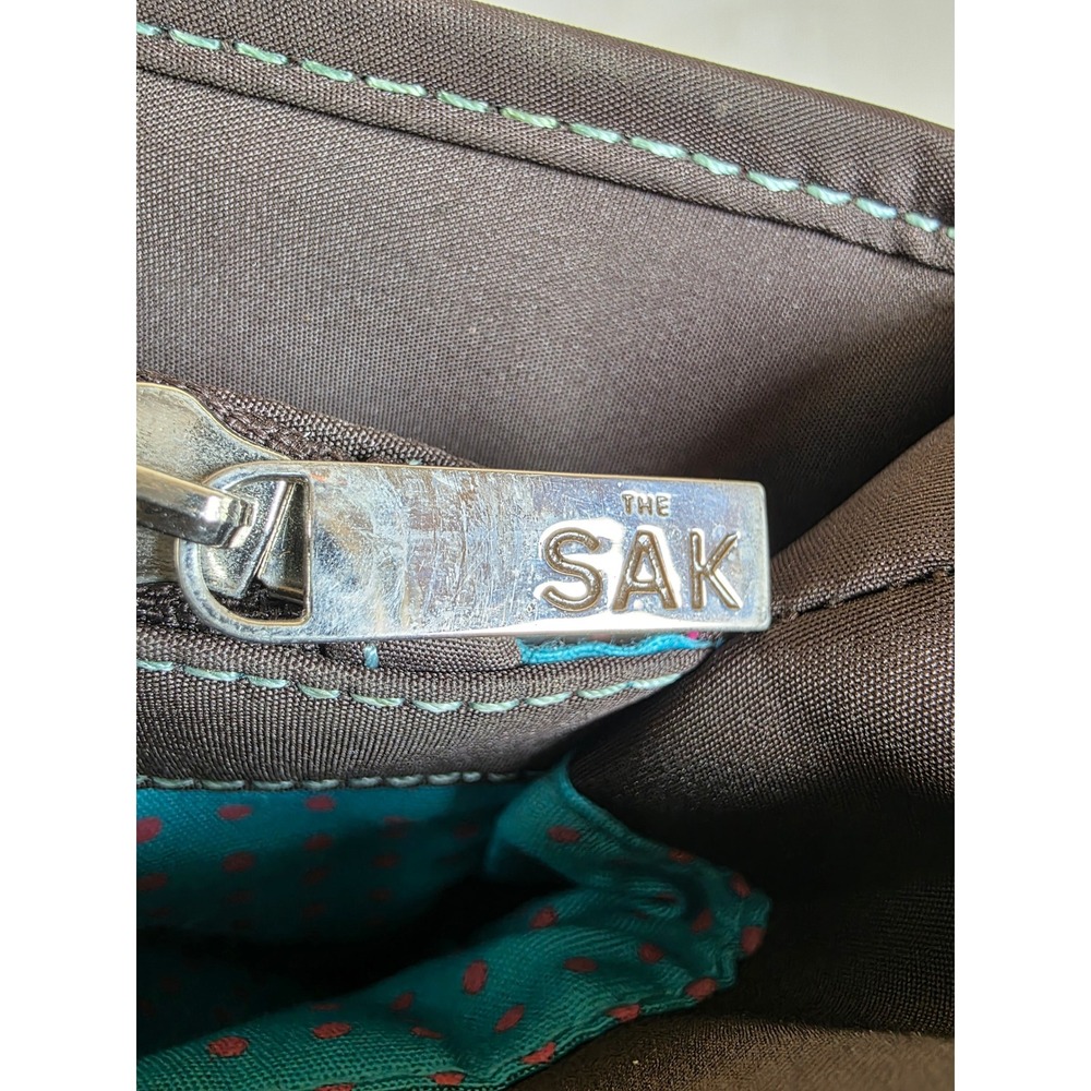 The Sak Woven Metallic Bronze Tote Bag Brown Trim Blue‎ Stitching - Picture 8 of 14